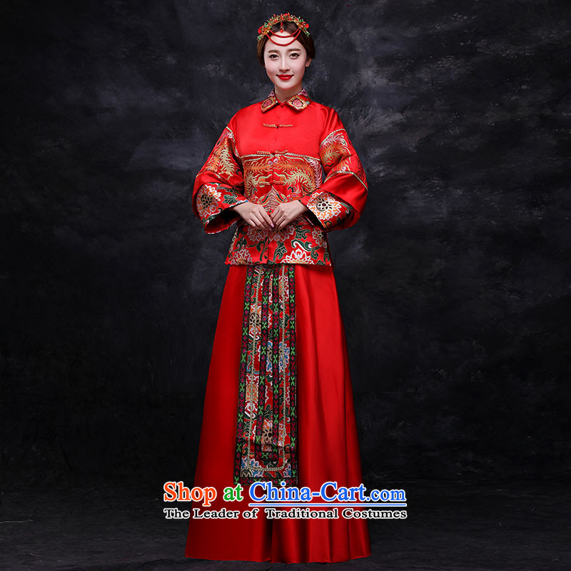 Sau Wo service use the autumn and winter, the dragon bride dress ancient Chinese wedding gown wedding long marriages bows services red XS