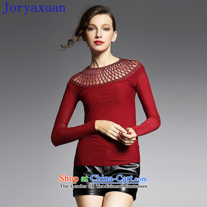 Deloitte Touche Tohmatsu sunny western style 2015 Autumn Shop Boxed female stretch gauze stitching sexy engraving bare shoulders, forming the Netherlands YN1 shirt, wine red M love Yan (axbaby Bebe) , , , shopping on the Internet