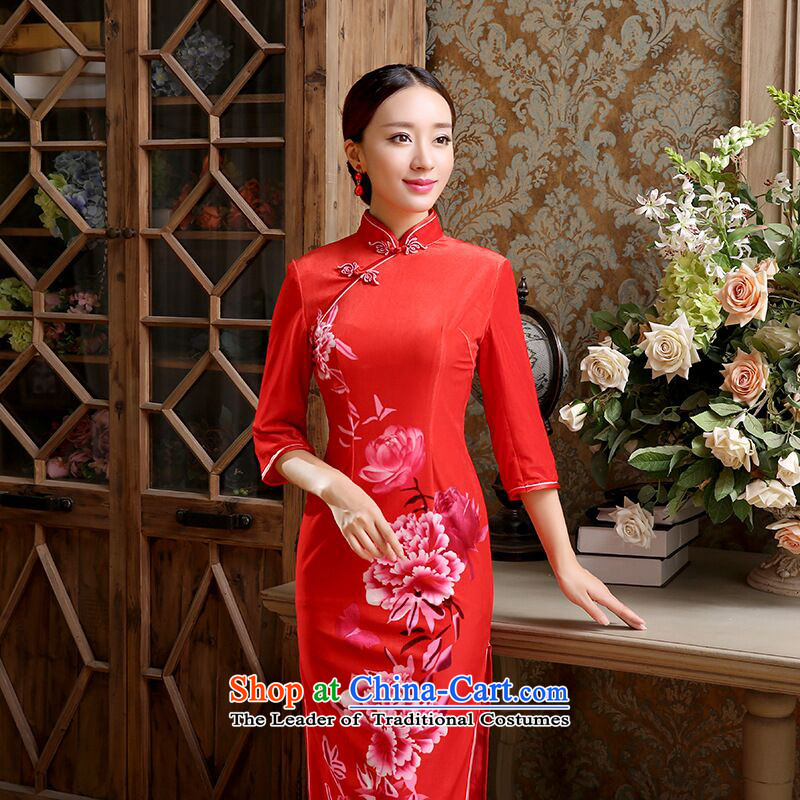 Floral Autumn Women's clothes Chinese classical Stretch Wool seven gold sleeve length cheongsam bows services back door dresses red flower figure , , , S, shopping on the Internet
