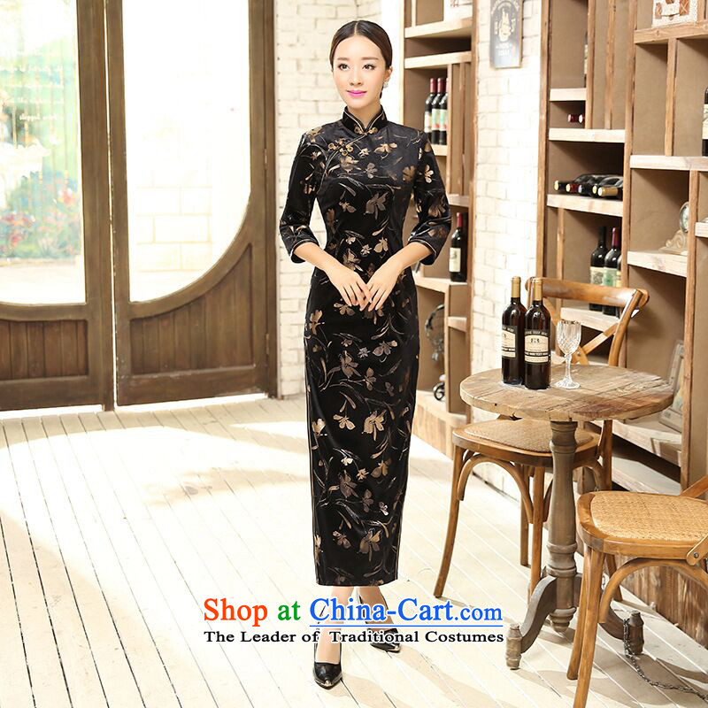 Figure?2015 autumn flowers with chinese president Kim scouring pads qipao classical stretch of 7 long-sleeved Sau San cheongsam dress Figure Color?S