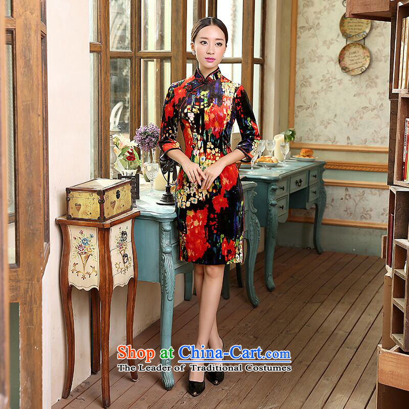 Take the new figure female elegant Stretch Wool Chinese enhancement of Sau San short sleeves in cheongsam dress figure color mosaic.... 2XL, shopping on the Internet
