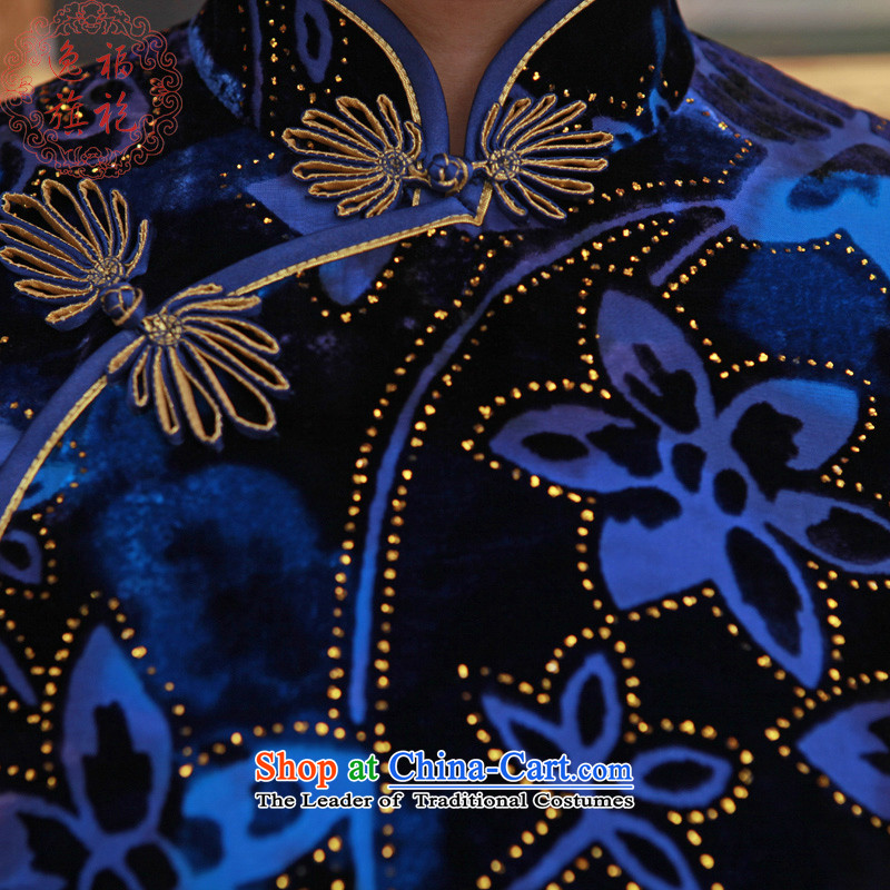 Well 2015 really velour Yat cheongsam dress in long-sleeved long cheongsam with high-end customized autumn dress banquet cheongsam blue S 15 Day Shipping, Yat Fu (EFU) , , , shopping on the Internet
