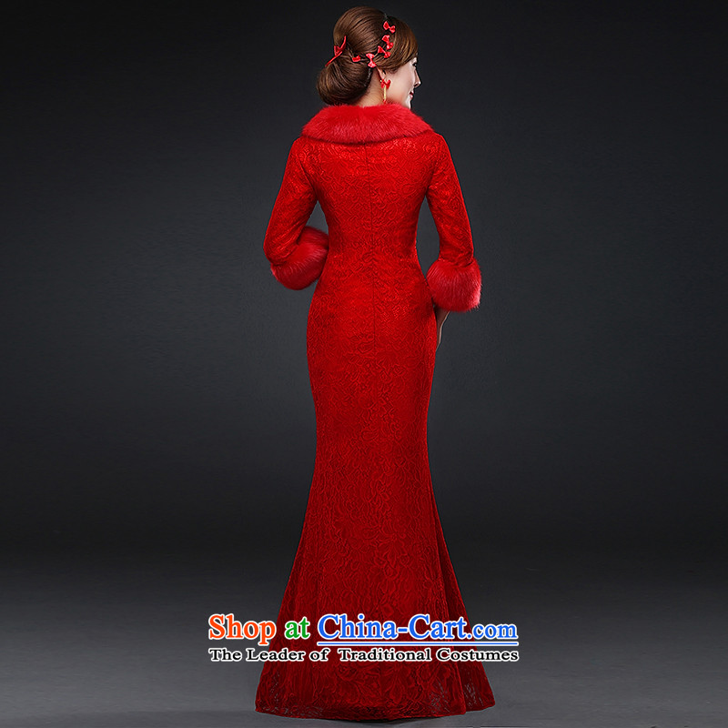 Hillo XILUOSHA Lisa (long-sleeved QIPAO) Married 2015 new bride cheongsam dress toasting champagne winter clothing lace crowsfoot dress Chinese Wedding Gown In Autumn Red HILLO L, Lisa (XILUOSHA) , , , shopping on the Internet