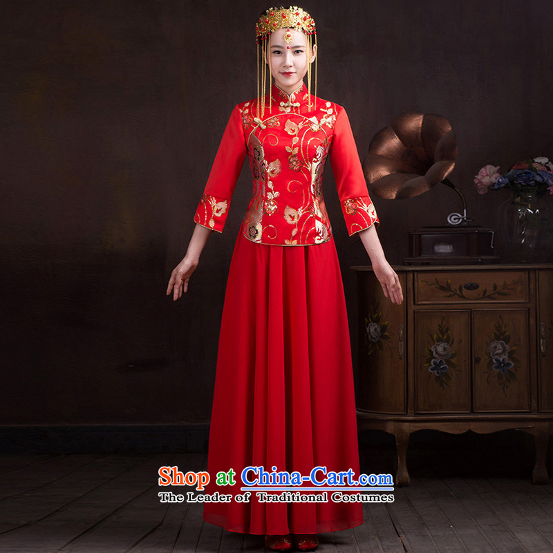 The Syrian Arab Republic 2015 autumn and winter time new bride wedding dress long-sleeved qipao booking wedding dress long wedding dress collar bows qipao red seven service models M time cuff Syrian shopping on the Internet has been pressed.