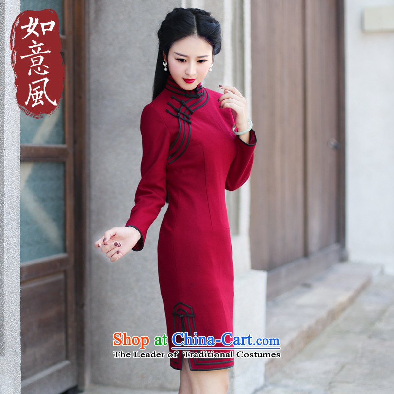 After a day of wind?2015 winter clothing new stylish retro fitted autumn improved long-sleeved temperament cheongsam dress 4101 6108 dark red?S