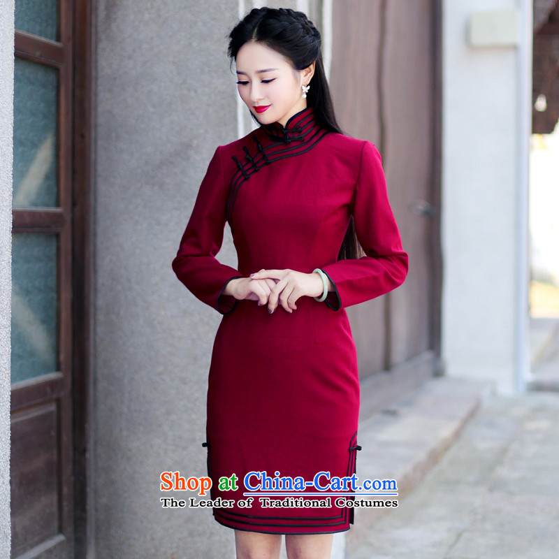 After a day of wind 2015 winter clothing new stylish retro fitted autumn improved long-sleeved temperament cheongsam dress 4101 6108 S, dark red after the wind has been pressed shopping on the Internet
