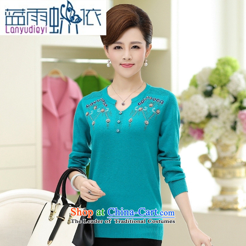 September female shop for a stylish Sau San ajar pure color long-sleeved Knitted Shirt, older women's autumn large load mother XL-115, Paock Green Blue rain butterfly according to , , , shopping on the Internet