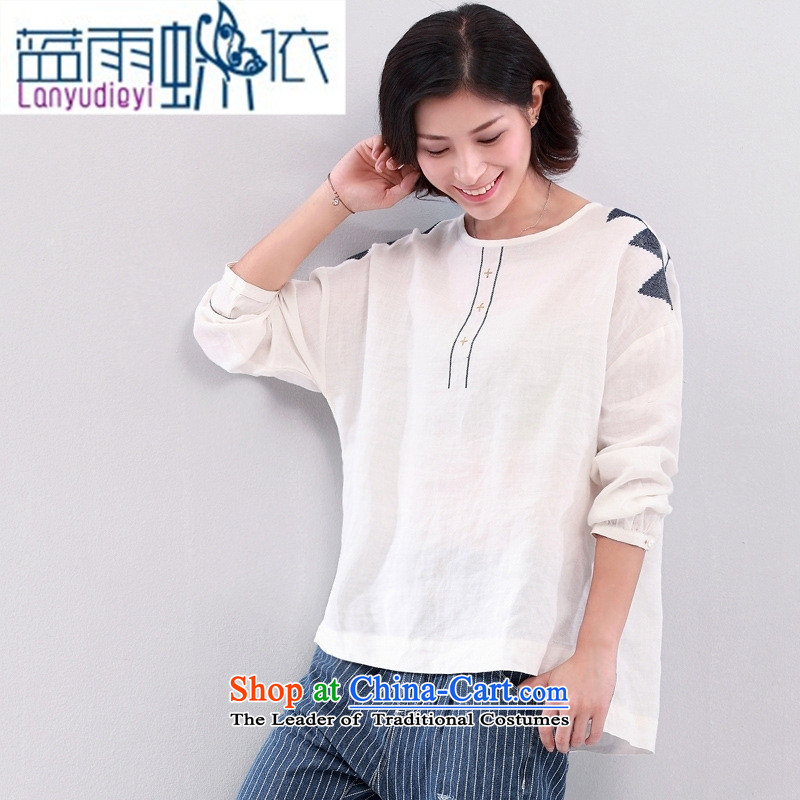 Early Autumn new ramie female cotton linen clothes T shirt larger minimalist art nouveau smock long sleeved shirt with white , L, blue rain butterfly according to , , , shopping on the Internet