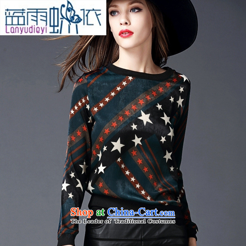 September Girl Store European site with new autumn 2015 Western Pentagon stamp long-sleeved T-shirt, forming the video thin wild green T-shirt , blue rain butterfly according to , , , shopping on the Internet