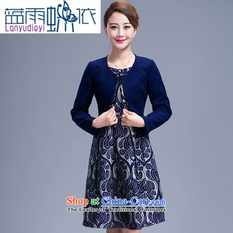 9 female boutiques 2015 autumn and winter large middle-aged moms long-sleeved woolen? two kits in the skirt of female blue XL, blue rain butterfly according to , , , shopping on the Internet