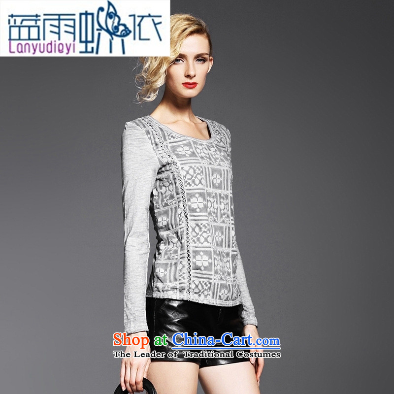 September Girl Store autumn and winter new women stitching round-neck collar long-sleeved leisure wild Ms. T-shirt, forming the Sau San shirt , blue blue rain WN11014 butterfly according to , , , shopping on the Internet