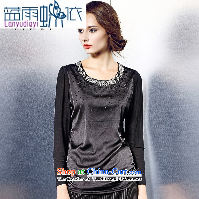 September Girl Store European station 2015 Autumn blouses girl who decorated round-neck collar long-sleeved shirt, forming the pearl of the nails black T-shirt XL