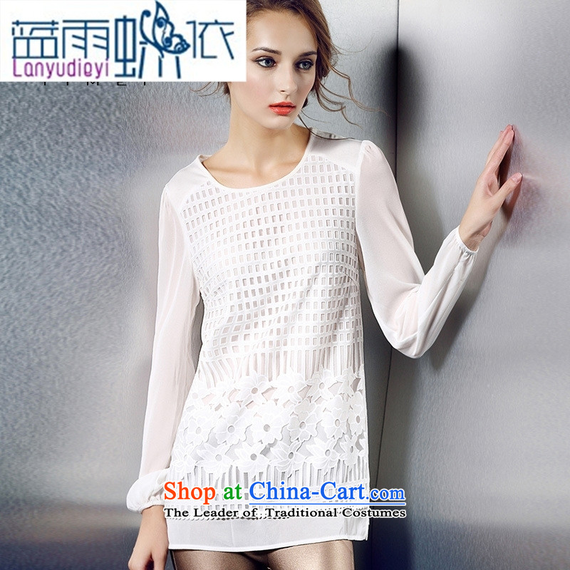 September Girl Store European site female new fall inside Europe XL T-shirt with round collar Sau San water-soluble flower white long-sleeved shirt with blue rain 339,600 XXXL, shopping on the Internet has been pressed.
