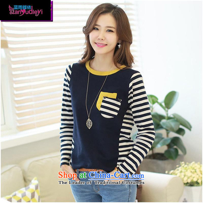 The Secretary for women involved in the autumn of boutiques _ new Korean leisure streaks knocked color stitching pure cotton long-sleeved blouses and large-T-shirt dark blue?L
