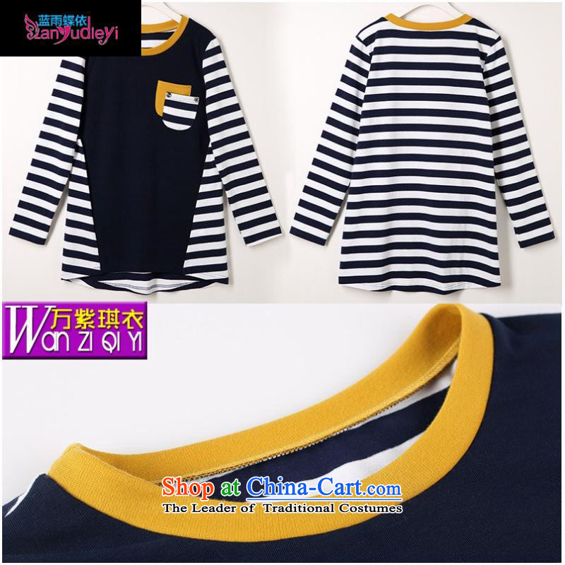 The Secretary for women involved in the autumn of boutiques * new Korean leisure streaks knocked color stitching pure cotton long-sleeved blouses and large-T-shirt , dark blue blue rain butterfly according to , , , shopping on the Internet