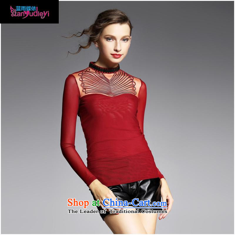 The Secretary for women involved boutiques * European site with the new 2015 Autumn engraving stretch mesh long-sleeved shirt collar forming the T-shirt YN11036 Sau San wine red M Blue rain butterfly according to , , , shopping on the Internet