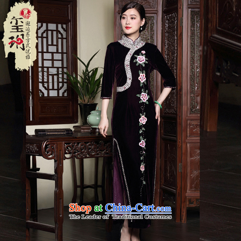 The seal of the autumn and winter 2015 new improved cheongsam dress wedding long staples pearl middle-aged mother velvet dresses purple XL, seal decreased by , , , shopping on the Internet