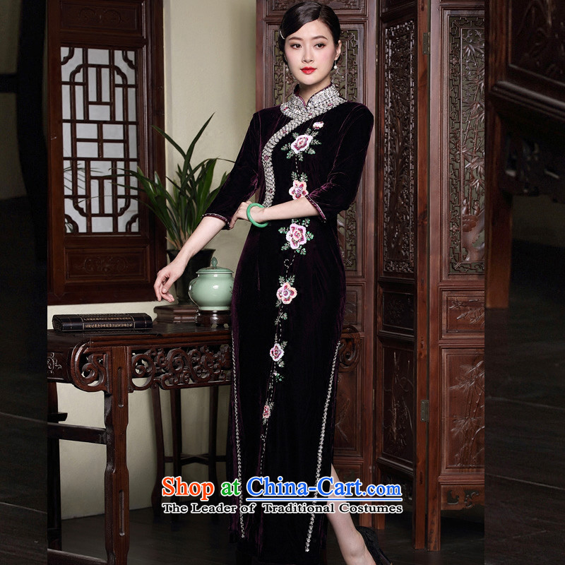 The seal of the autumn and winter 2015 new improved cheongsam dress wedding long staples pearl middle-aged mother velvet dresses purple XL, seal decreased by , , , shopping on the Internet