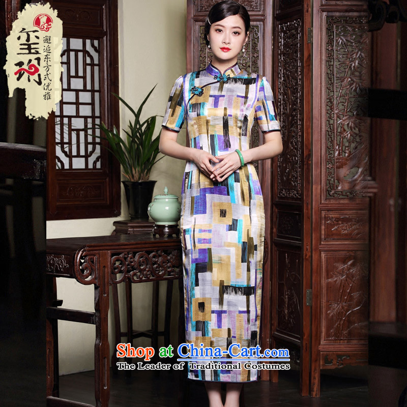The fall of the new seal heavyweight Silk Cheongsam long geometry stamp elegant Ms. retro dress dresses map color XL, seal decreased by , , , shopping on the Internet