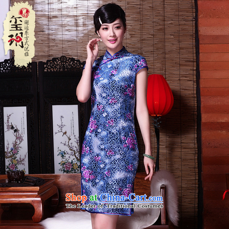 The seal of the new large retro elegant silk cheongsam dress suit middle-aged moms improved elegant qipao dresses dark blue XXL, seal decreased by , , , shopping on the Internet