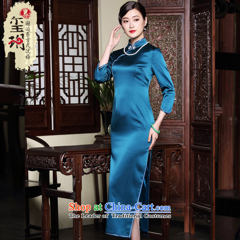 The fall of long seal long-sleeved heavyweight Silk Cheongsam elegant reminiscent of the improvement of women's high-end evening dresses dresses blue?L