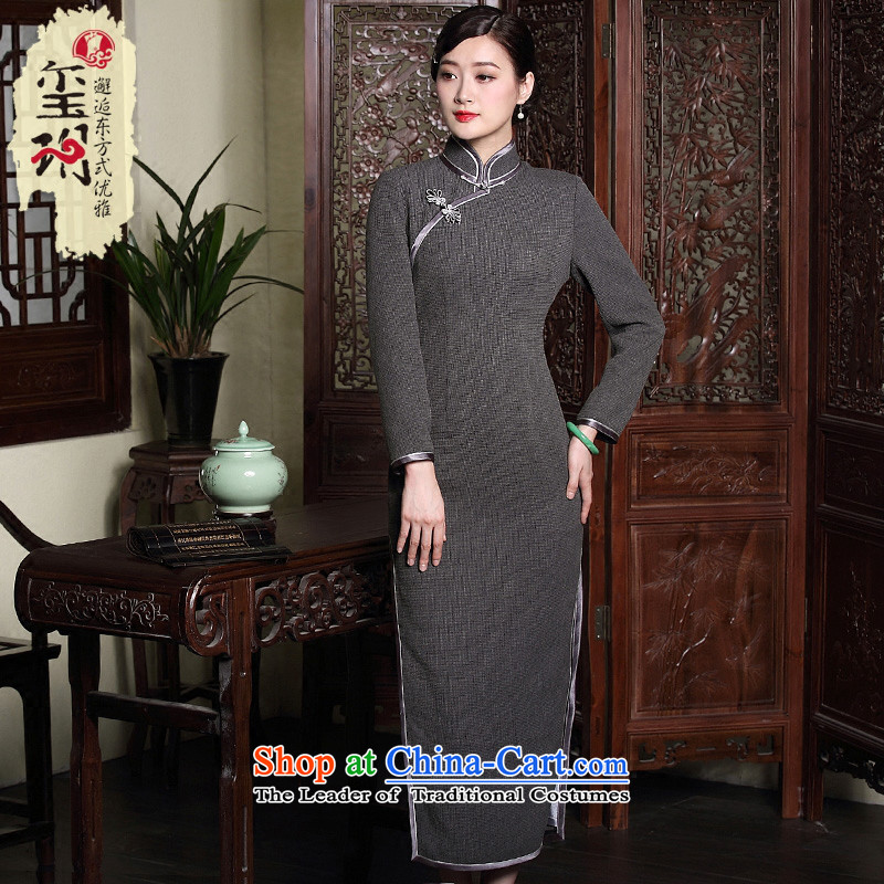 The seal of the autumn and winter 2015 new improved long qipao retro elegant Ms. long-sleeved gown facade dress gray daily , L, seal decreased by , , , shopping on the Internet