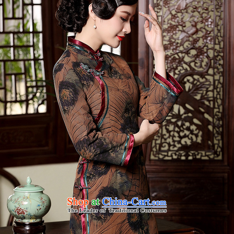 The seal of the autumn and winter 2015 improved clip cotton Silk Cheongsam female retro-improved cloud yarn elegant Chinese dresses brown?XL