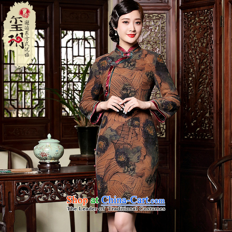 The seal of the autumn and winter 2015 improved clip cotton Silk Cheongsam female retro-improved cloud yarn elegant Chinese dresses brown XL, seal decreased by , , , shopping on the Internet