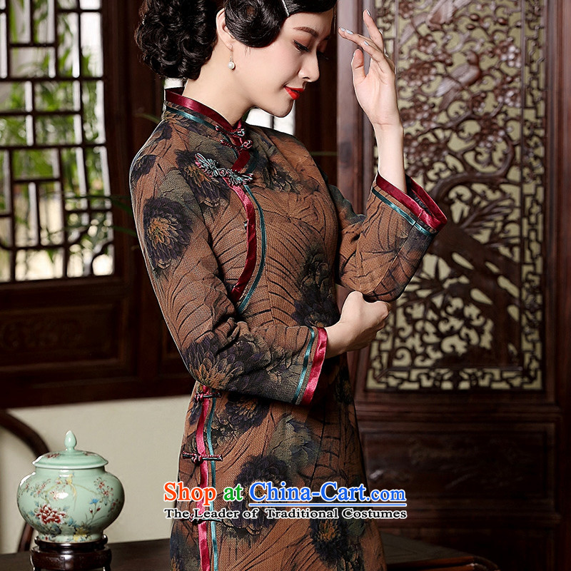 The seal of the autumn and winter 2015 improved clip cotton Silk Cheongsam female retro-improved cloud yarn elegant Chinese dresses brown XL, seal decreased by , , , shopping on the Internet