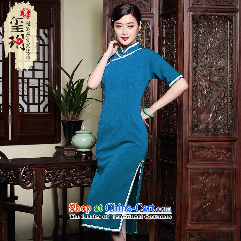 The seal of the autumn and winter 2015 new improvement in high-The forklift truck in elegant qipao retro Ms. cuff dresses blue , L, seal decreased by , , , shopping on the Internet