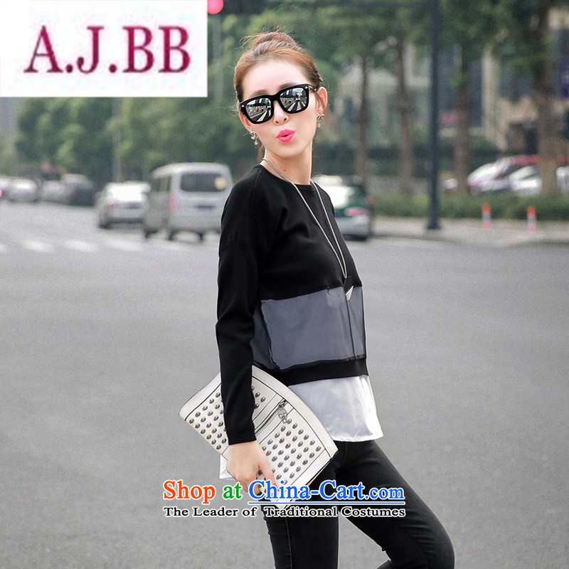 Ms Rebecca Pun stylish shops 2015 Autumn replacing the new Korean female round-neck collar long-sleeved stitching female T-shirt gauze shirt black are code ,A.J.BB,,, shopping on the Internet