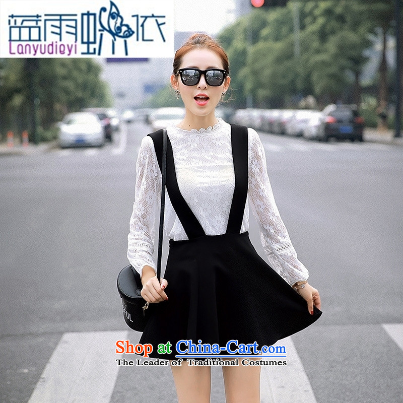 Ya-ting shop 2015 Autumn new stylish european station Korean large strap skirt dresses with lace two kits white T-shirt , L, blue rain butterfly according to , , , shopping on the Internet