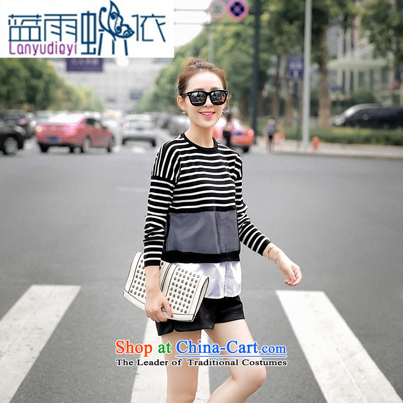 Ya-ting Shop Boxed new autumn 2015 Korean female round-neck collar long-sleeved stitching female T-shirt gauze shirt white, blue will rain butterfly according to , , , shopping on the Internet