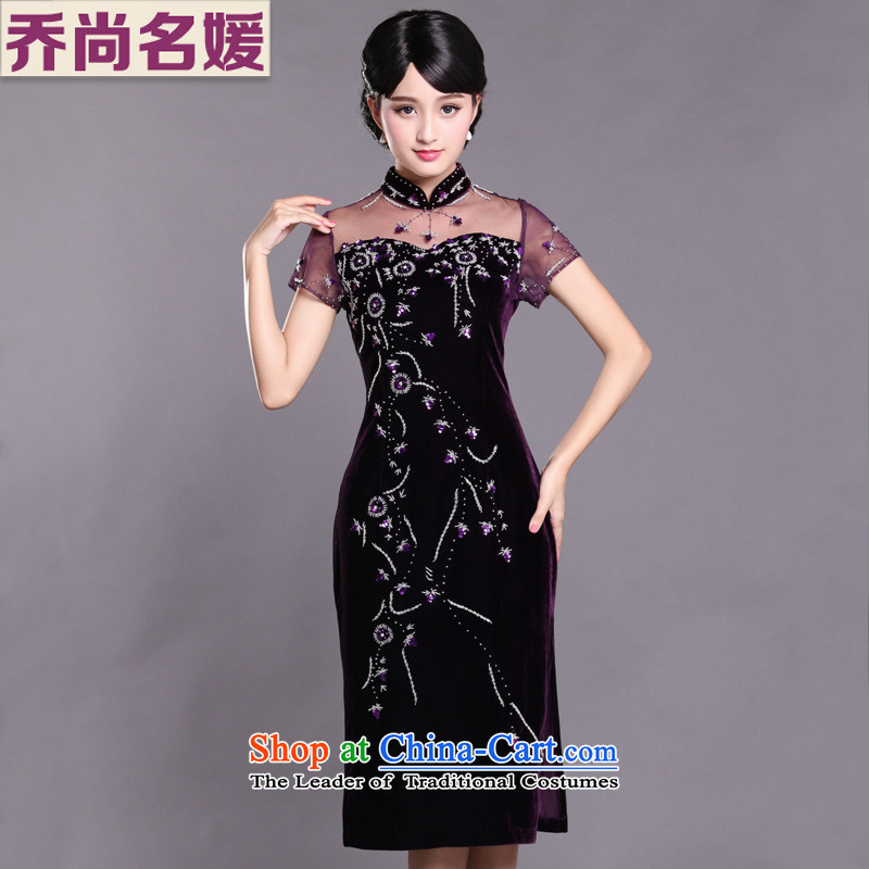 Joe was aristocratic Kim Choo skirt gathering scouring pads cheongsam dress in long SRDZ007 purple short-sleeved?S