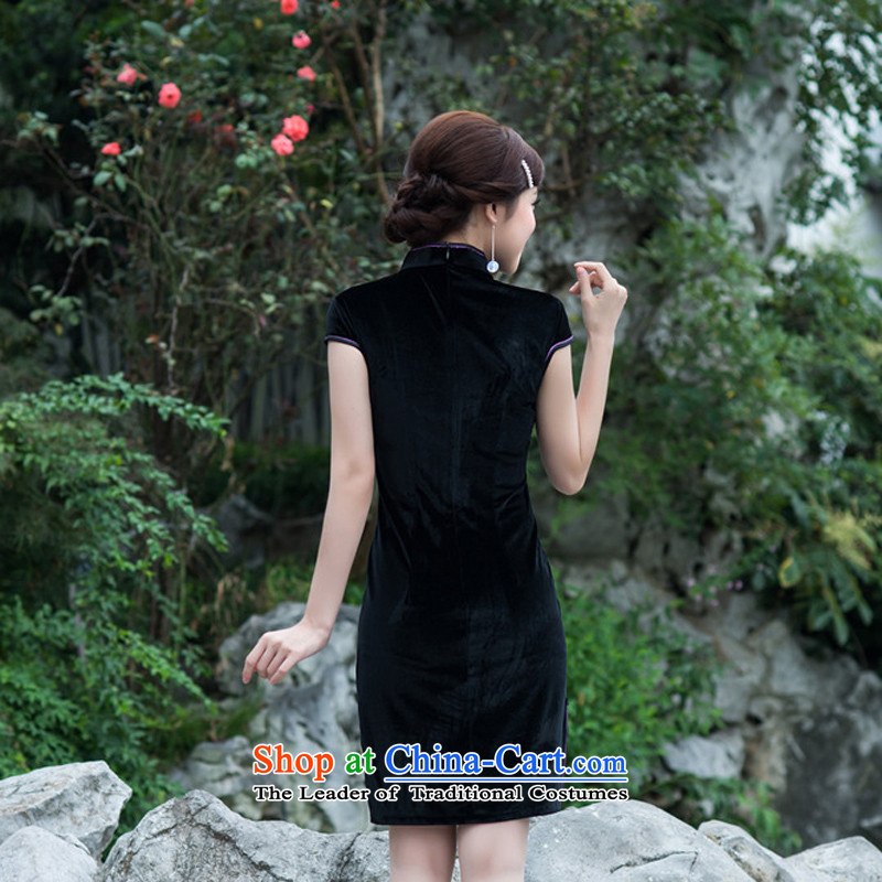 Time Syrian embroidery cheongsam dress autumn load velvet mother short-sleeved improved stylish wedding-day autumn retro fitted qipao black , L, Syria has been pressed time shopping on the Internet