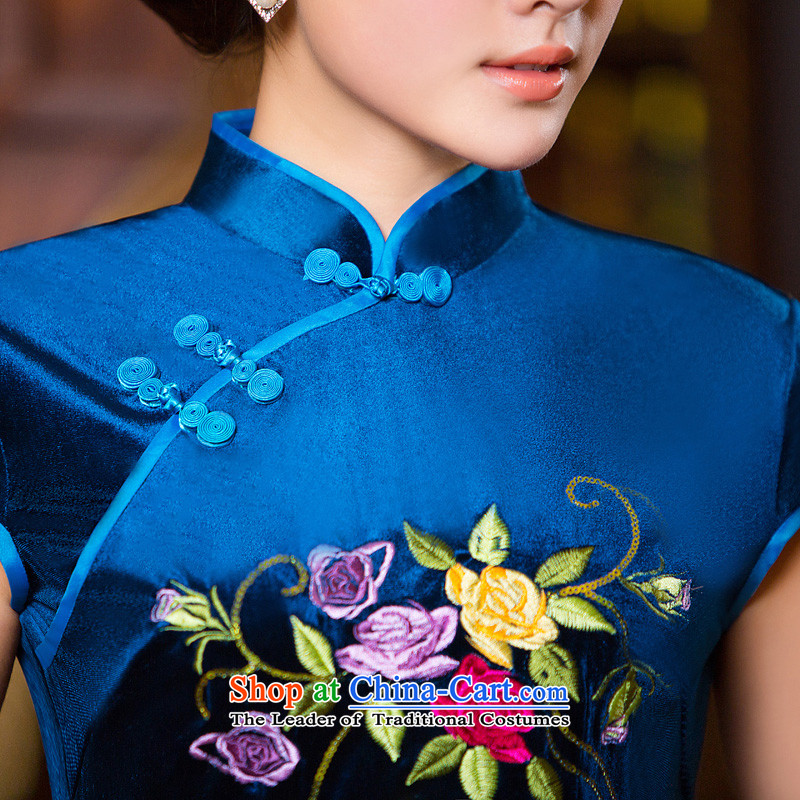 Time Syrian embroidery cheongsam dress autumn load velvet mother blue short-sleeve Stylish retro improved wedding-day fall inside the blue qipao XXL, time Syrian shopping on the Internet has been pressed.