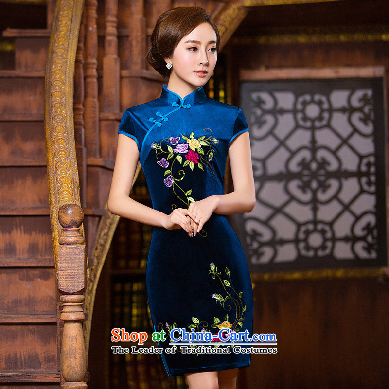 Time Syrian embroidery cheongsam dress autumn load velvet mother blue short-sleeve Stylish retro improved wedding-day fall inside the blue qipao XXL, time Syrian shopping on the Internet has been pressed.