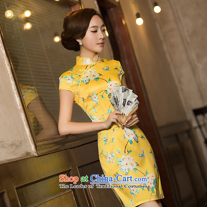 Time the  new 2015 Syria wedding dress bride bows services under the auspices of qipao performances show division scanner welcome qipao autumn Yellow XL, Syria has been pressed time shopping on the Internet