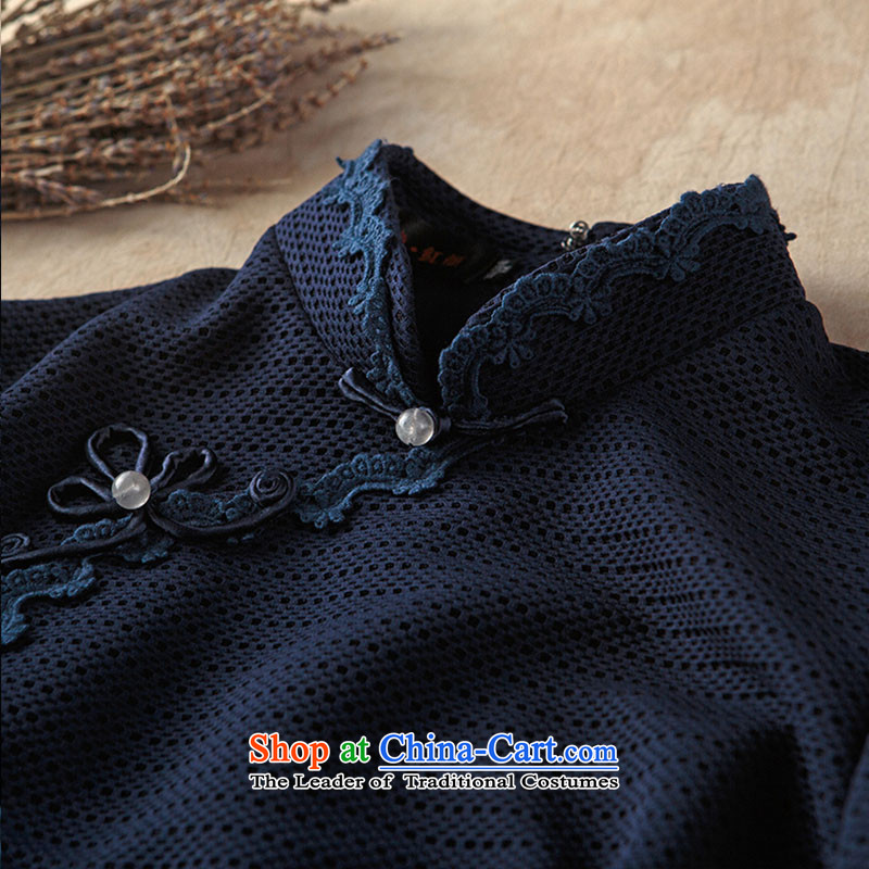 A Pinwheel Without Wind to Tsing Yi 2015 Autumn new products retro improved long-sleeved ethnic stylish knitting Mock-neck cheongsam dress navy blue , L, Yat Lady , , , shopping on the Internet