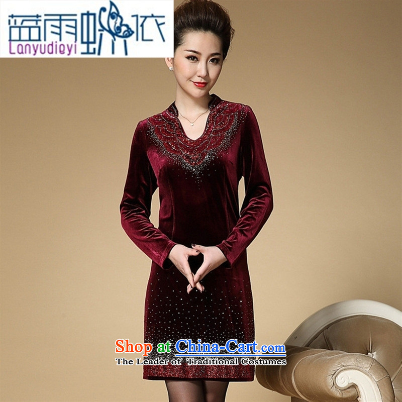 September Girl Store autumn and winter mother dresses of the middle-aged iron drill Sau San Kim velvet in older women's larger skirts XXXL, Purple Butterfly according to , , , Blue rain shopping on the Internet
