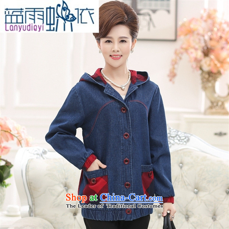 September 2015 Autumn Girl Store new elderly women autumn and winter jackets MOM pack large middle-aged cowboy hoodie picture color blue rain butterfly to XXXL, shopping on the Internet has been pressed.