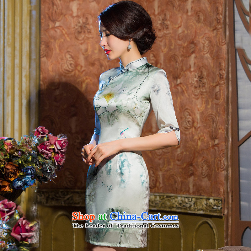 The white lotus retro 歆 heavyweight Silk Cheongsam autumn new) cuff herbs extract qipao cheongsam dress improved dresses, White XL, ink 歆 HY670 (MOXIN) , , , shopping on the Internet