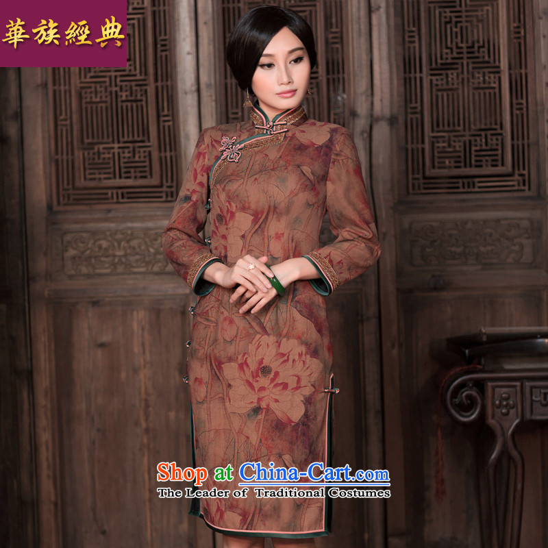 Chinese New Year 2015 classic ethnic Silk Cheongsam long sleeves cloud of incense autumn, dresses classical Chinese Dress Suit President?L