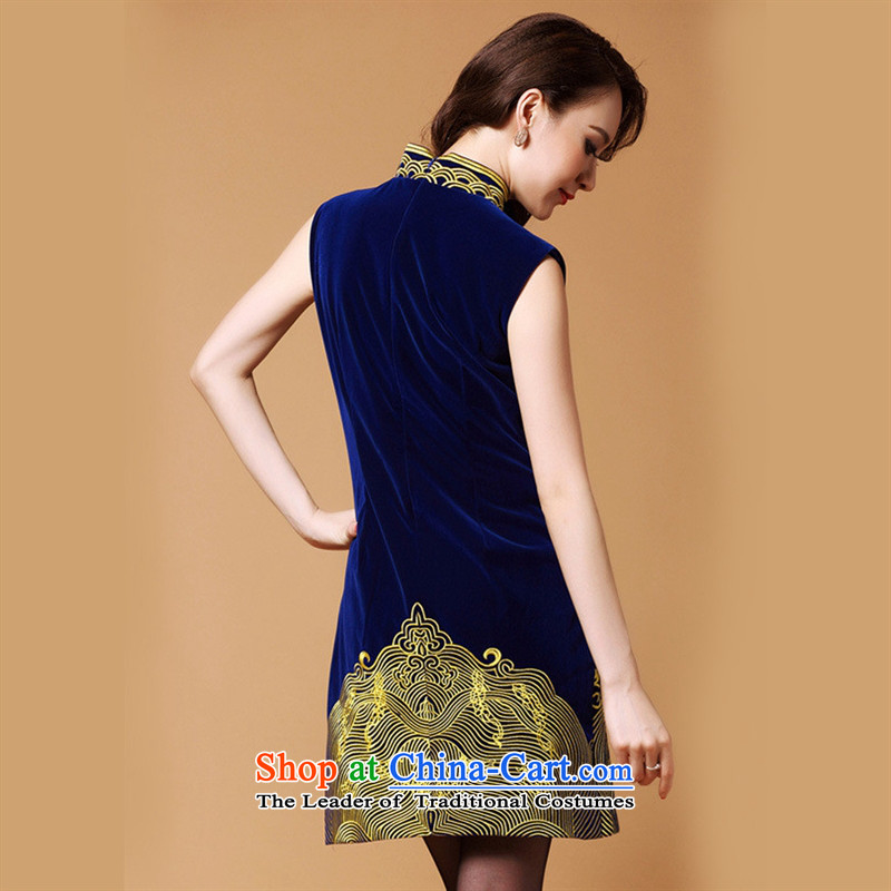 The new 2015 Autumn Hami girl mothers with high standard retro totem sleeveless embroidery velvet cheongsam dress blue blue rain butterfly according to S, shopping on the Internet has been pressed.