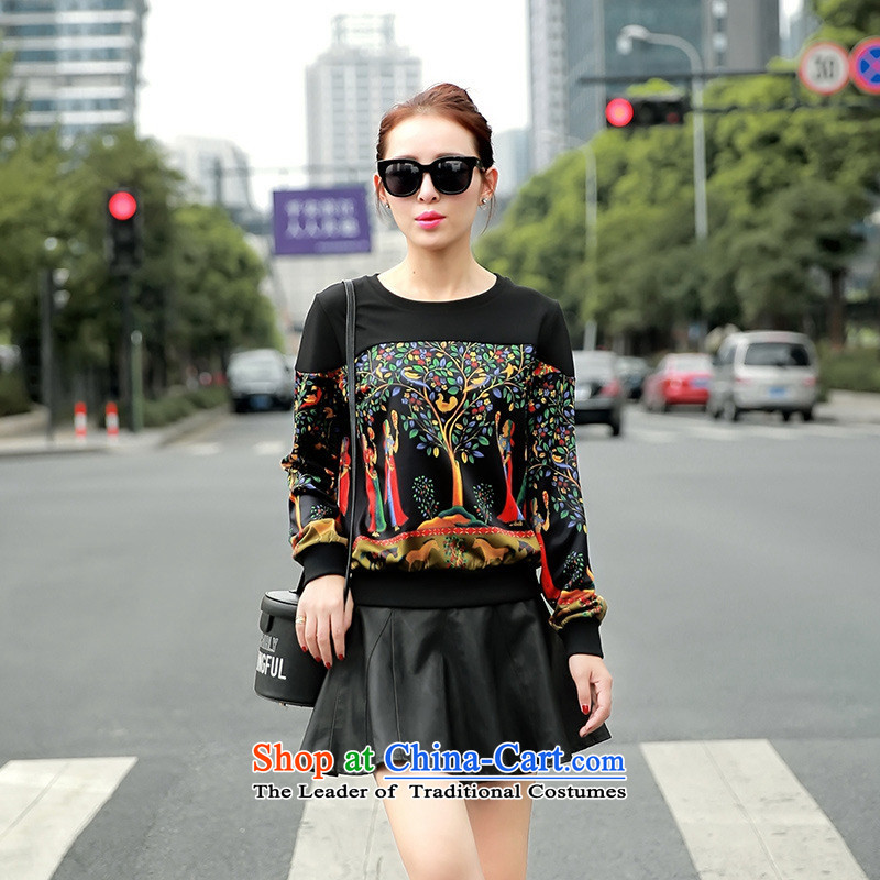 The Black Butterfly 2015 Autumn new Korean female) round-neck collar long-sleeved T-shirt stamp sweater black L,A.J.BB,,, shopping on the Internet