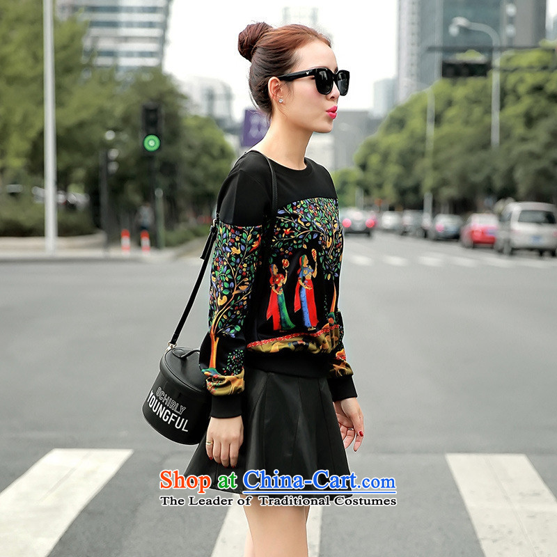 The Black Butterfly 2015 Autumn new Korean female) round-neck collar long-sleeved T-shirt stamp sweater black L,A.J.BB,,, shopping on the Internet