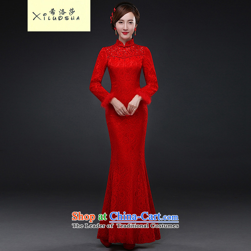 Hillo Lisa _XILUOSHA_ Bride bows services、Qipao Length of Chinese Dress lace crowsfoot 2015 new winter marriage cheongsam dress RED?M