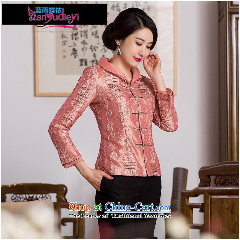 September Girl Store * Shop B105 Chinese Antique long-sleeved jacket lapel of double-girl in T-shirt with happy mom older Tang Dynasty Light Yellow (A lined XXXL,) Blue rain butterfly according to , , , shopping on the Internet