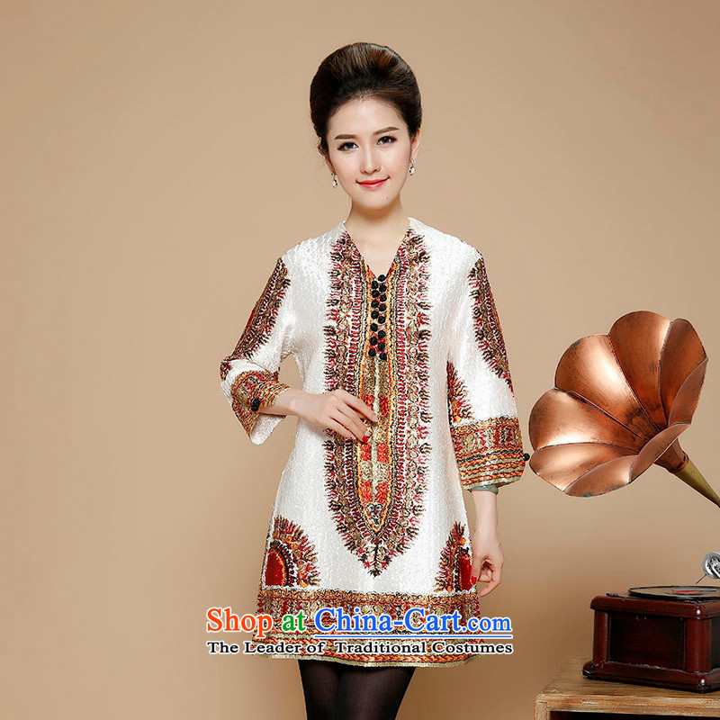 In 2015, Ms. autumn and winter long silk linen dresses in the folds of older ethnic Embroidery Stamp V-Neck 9 cuff skirts autumn and winter load mother beige?XXL