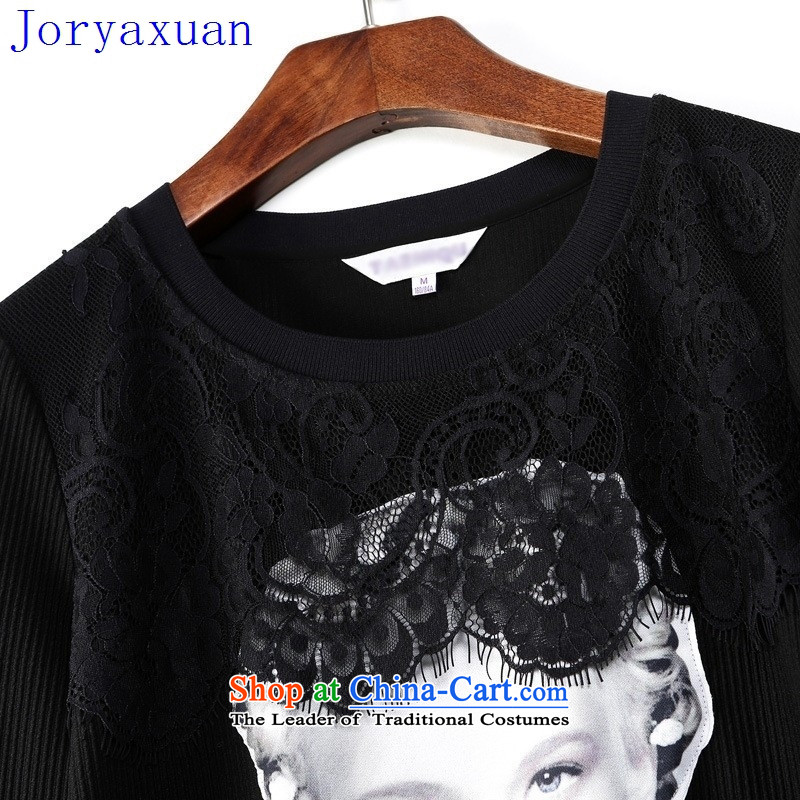 Deloitte Touche Tohmatsu sunny autumn load store new women's personality silhouette lace flower stitching Sau San wild black T-shirt  , black Cheuk-ya L Xuan (joryaxuan) , , , shopping on the Internet